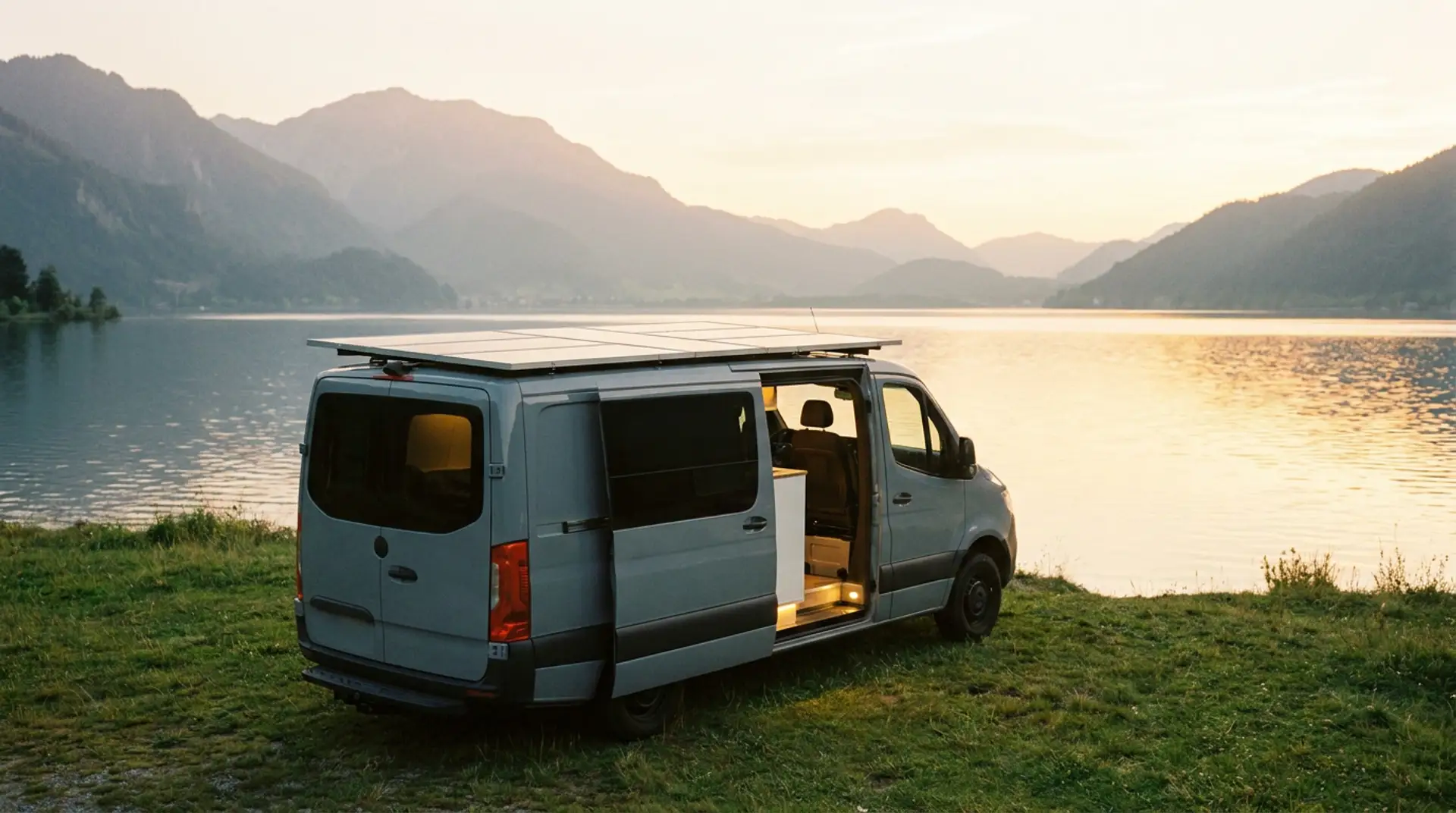 Camper-Van mit Solarmodulen auf dem Dach am Bergsee bei Abendlicht